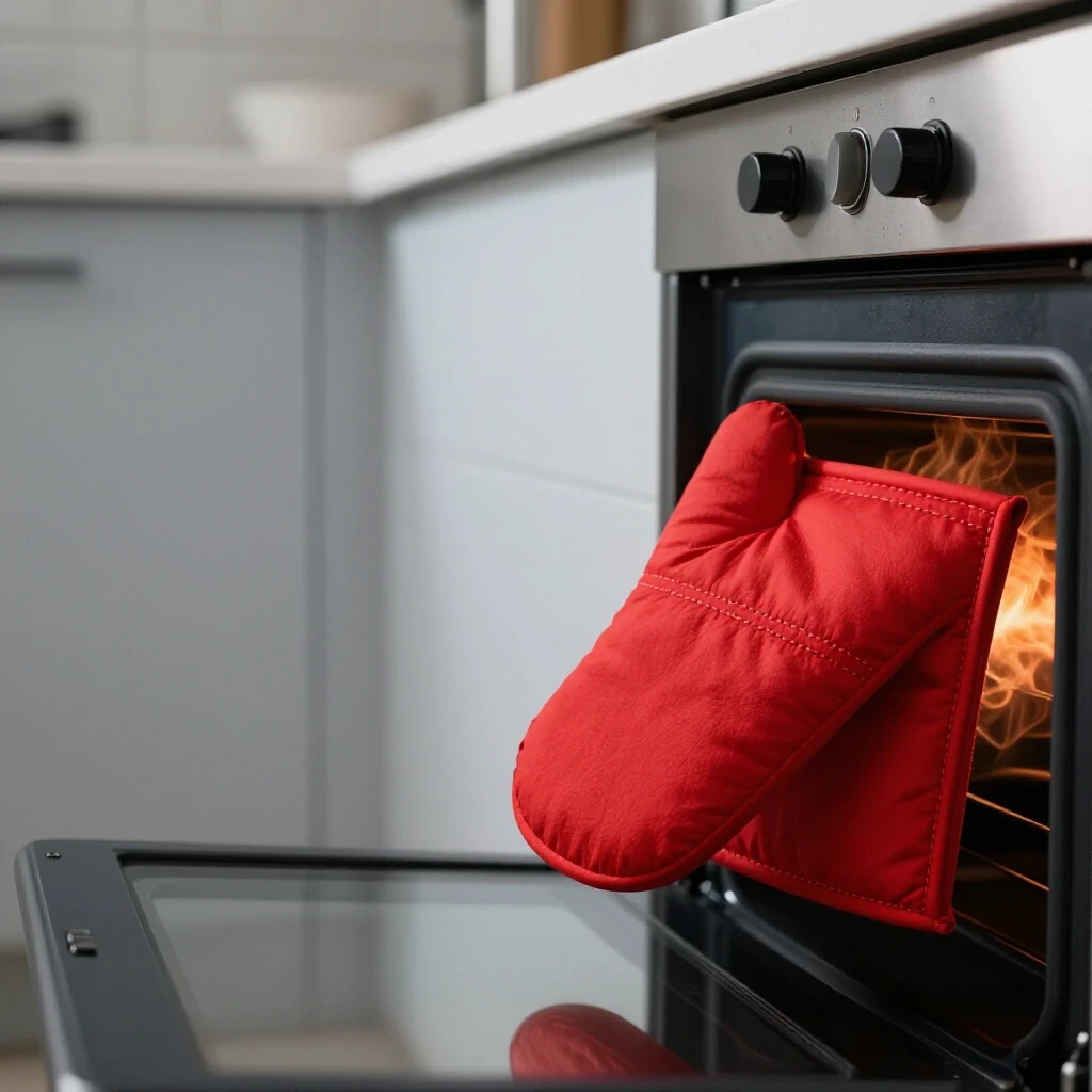 A vibrant crimson red oven mitt is being pulled from an oven, demonstrating heat resistance with visible heat waves in a bright kitchen setting.