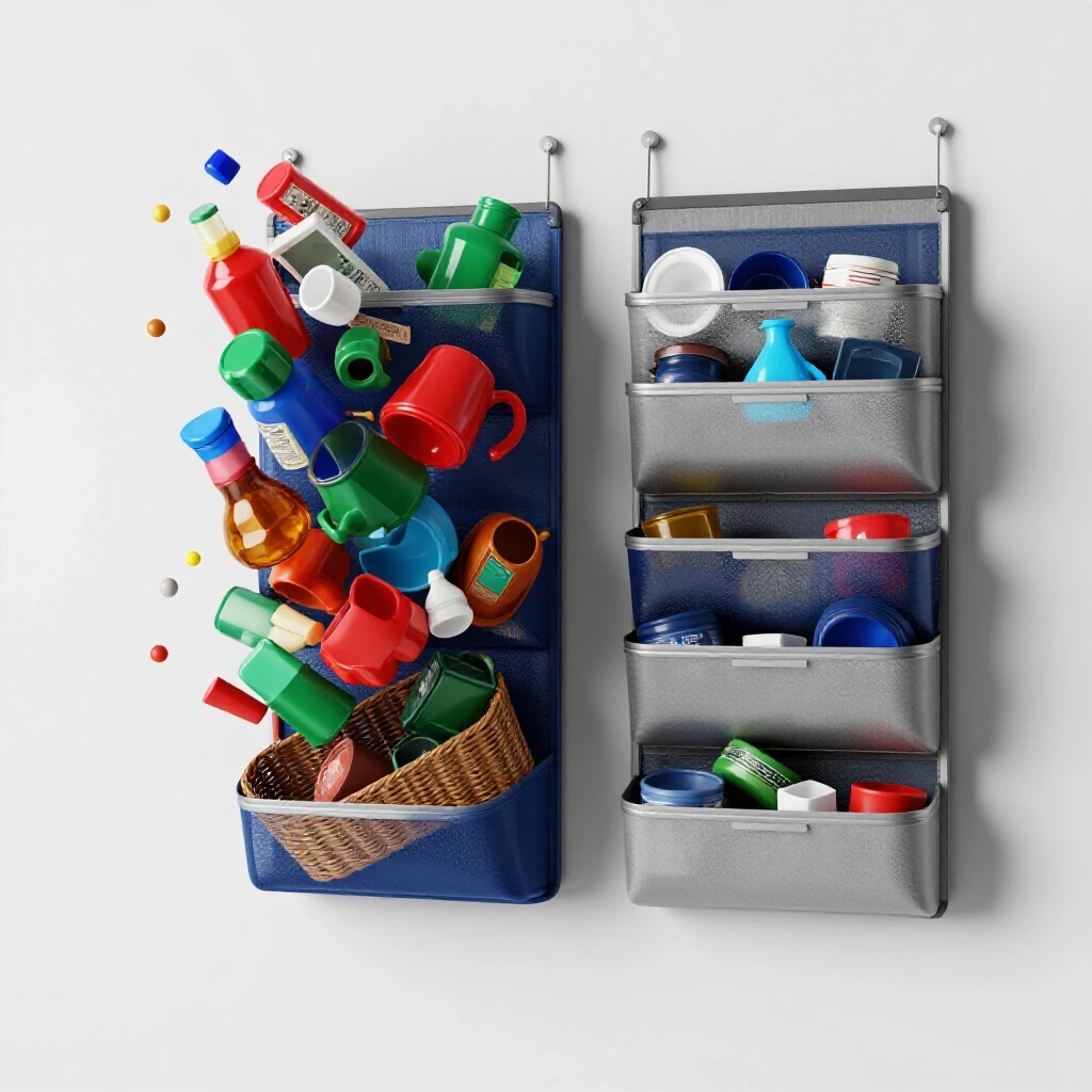 An over-the-door organizer, half chaotic with colorful items spilling out and half neatly arranged, showcasing organization contrast.