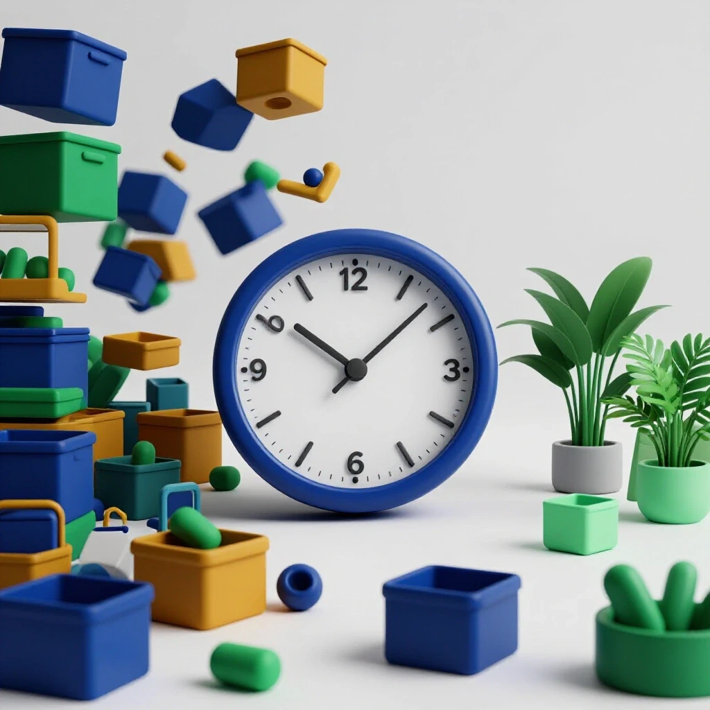 A broken clock juxtaposed with clutter on the left and a serene minimalist setting on the right, symbolizing the journey from chaos to order.