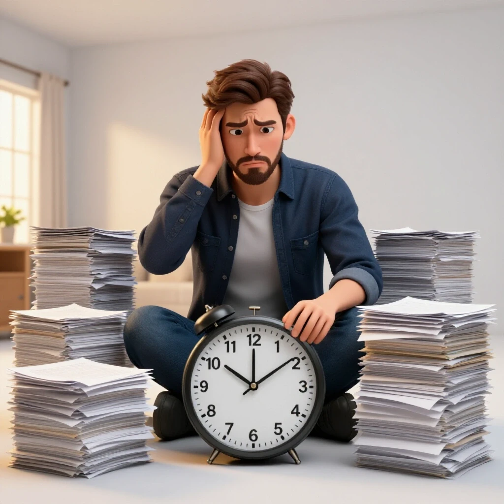 Frustrated homeowner with paperwork and spinning clock, serene home in background, illustrating project delays.