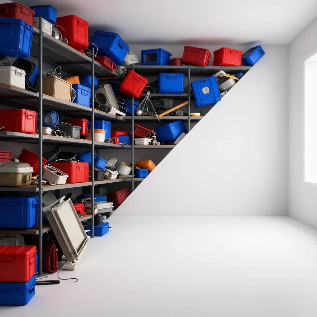 A striking contrast between a chaotic storage area and a minimalist space, showcasing the decluttering process.