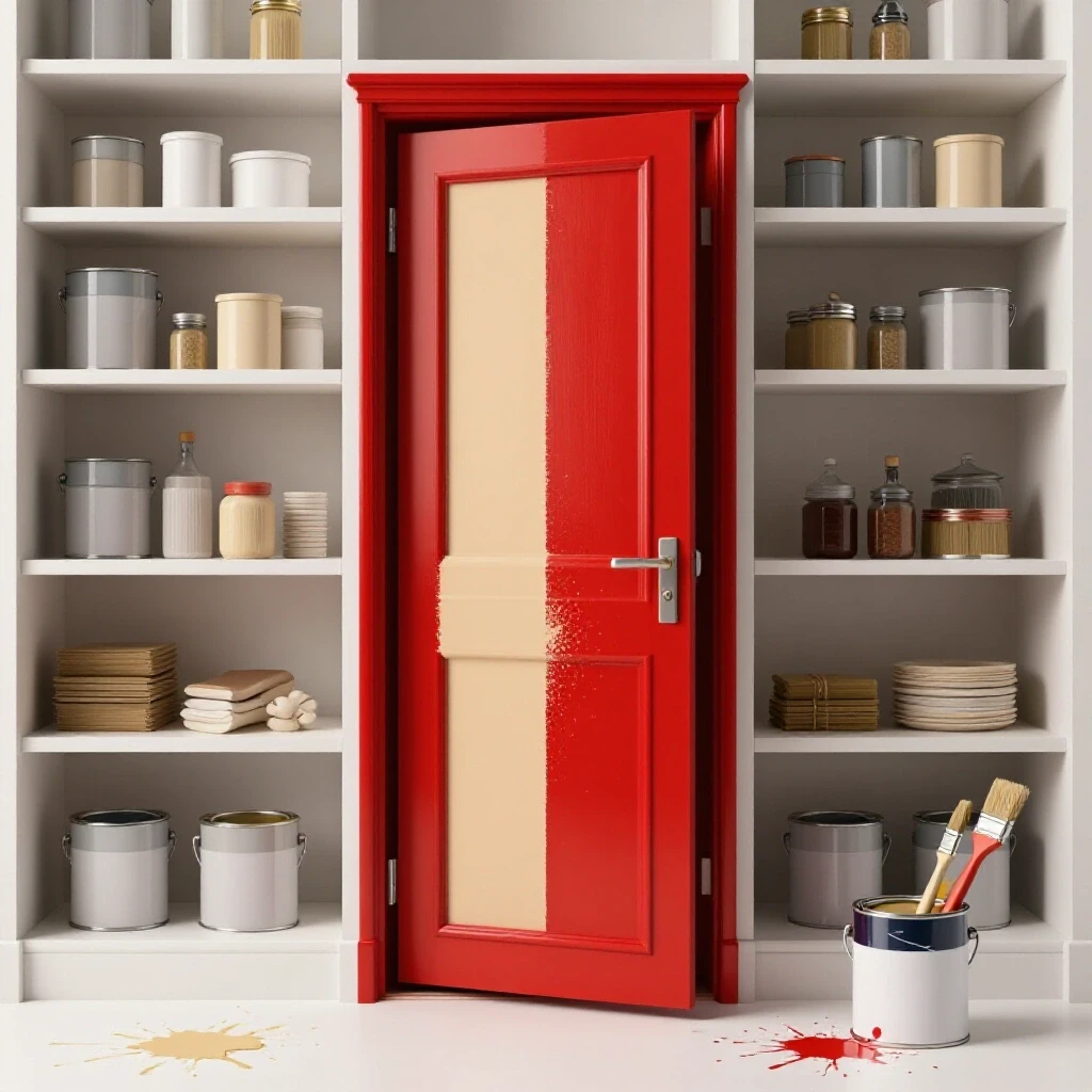 A pantry door half-painted in bold crimson with paint splatters and tools nearby, showcasing a DIY project.