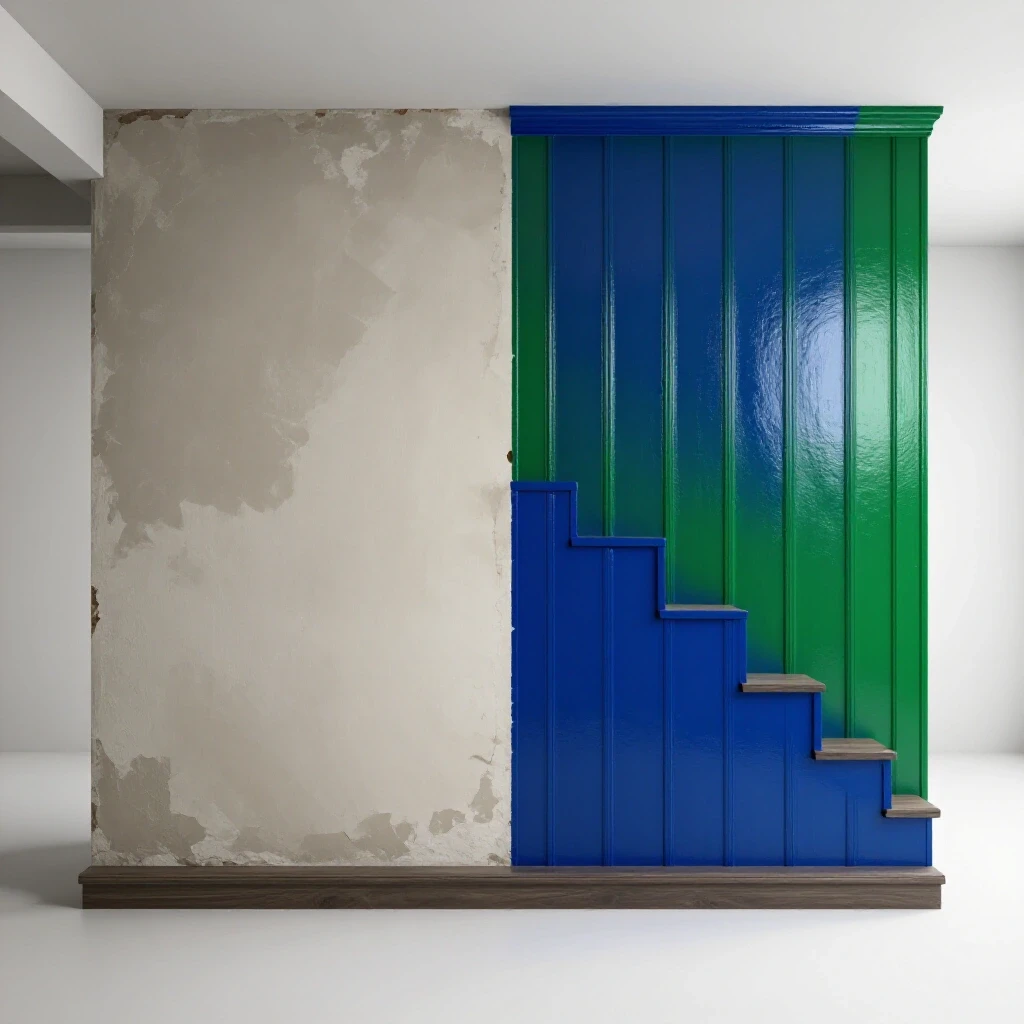 A basement stair wall showing a before-and-after painting transformation: dull peeling paint versus vibrant fresh color.