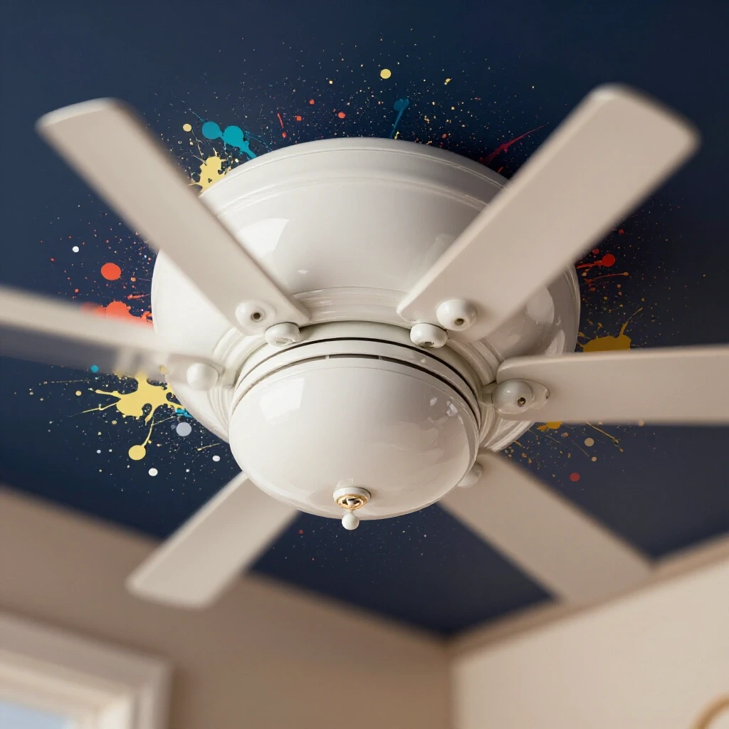 A freshly painted glossy ceiling fan cover surrounded by colorful paint splatters in a bright bathroom setting.