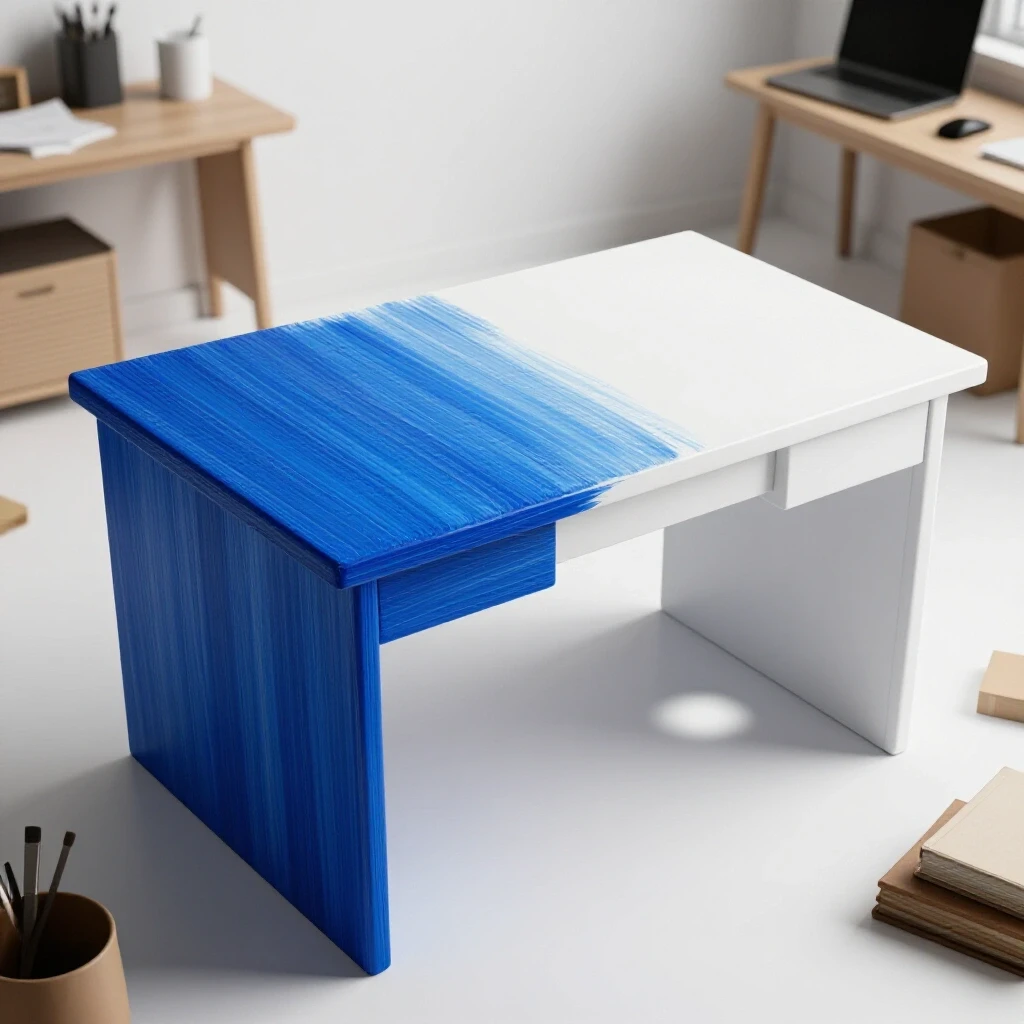 A beautifully painted home office desk showcasing contrasting vibrant royal blue and pristine finishes, set in a bright workspace.