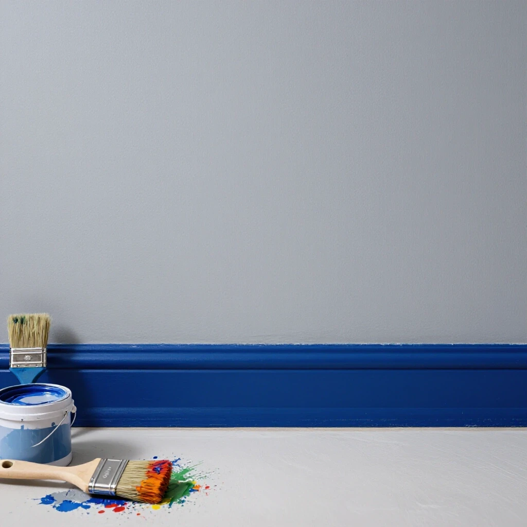 Image showing fresh interior trim painted royal blue next to a partially painted light grey wall with DIY tools.
