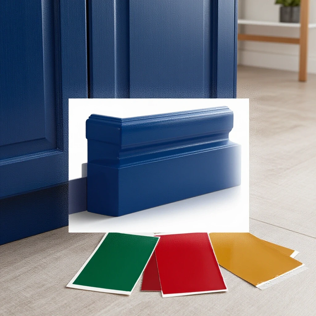 Close-up of a freshly painted kitchen cabinet toe kick in a modern kitchen, with vibrant swatches laid beside it.