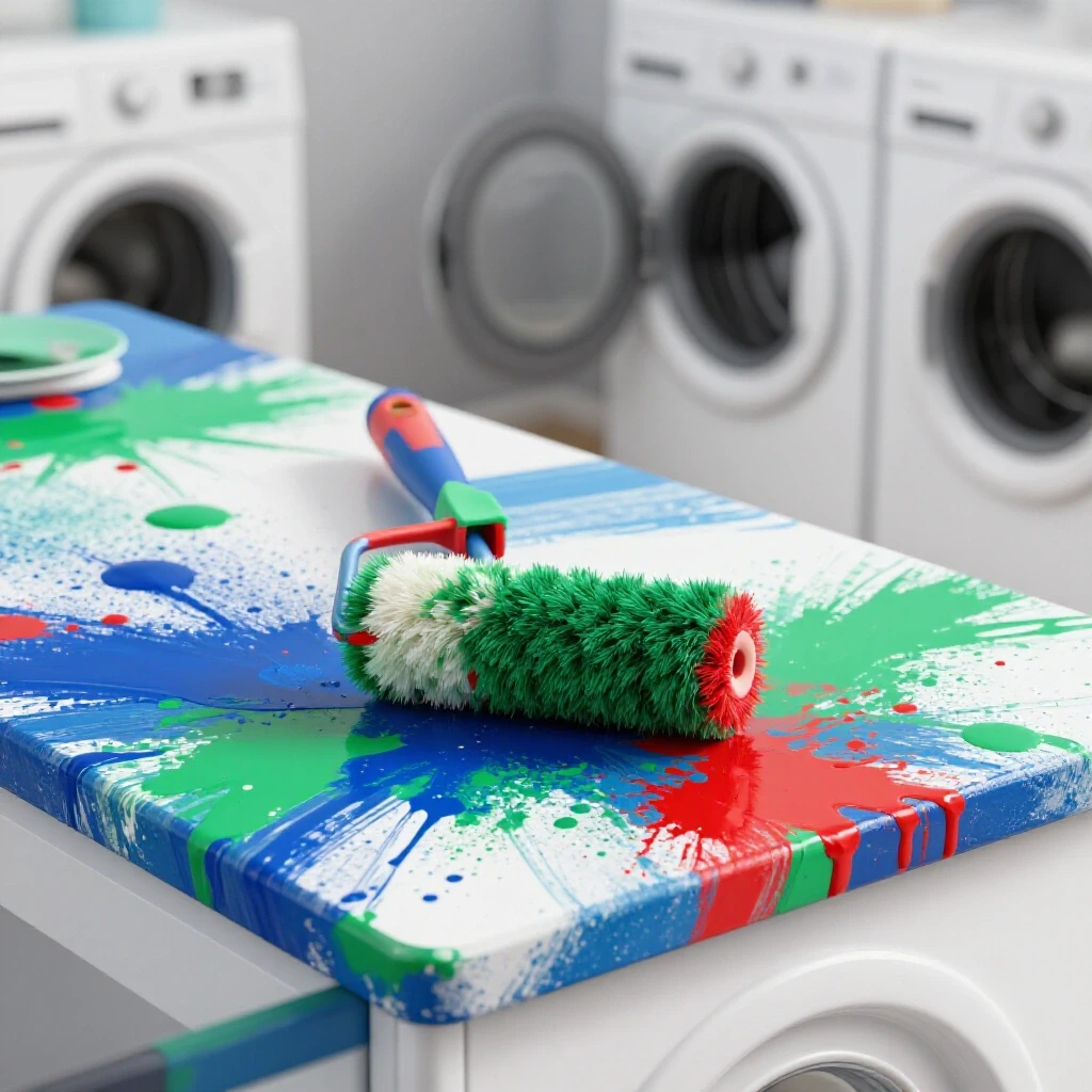 A colorful laundry countertop being painted, with splashes of vibrant colors and a roller brush amidst a messy laundry space.