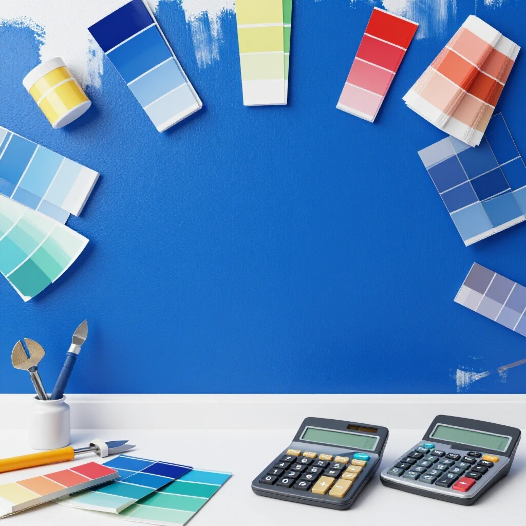 A vibrant royal blue painted wall with scattered colorful paint samples and a calculator representing budget considerations for paint projects.