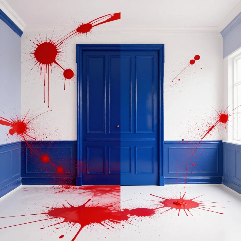 A split scene showing a beautifully painted room in deep royal blue and a chaotic paint splatter in bright crimson red, highlighting paint sprayer mistakes.