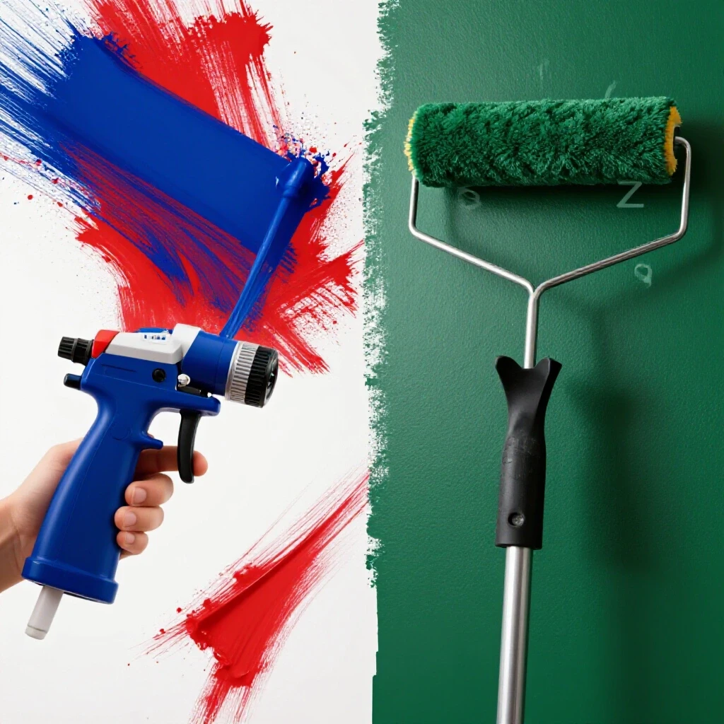 A visual comparison of a paint sprayer splashing color next to a roller painting a wall, illustrating time efficiency.