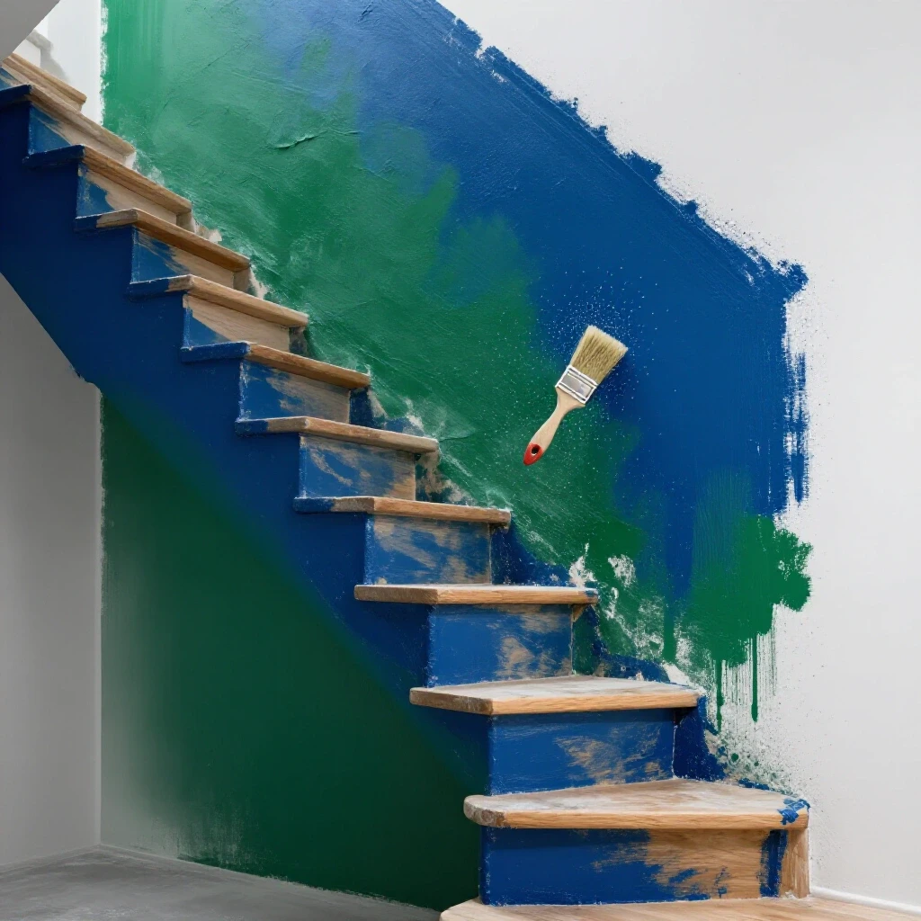 A staircase with a freshly painted bold wall, splattered paint, and a paintbrush in action, showcasing color contrast.