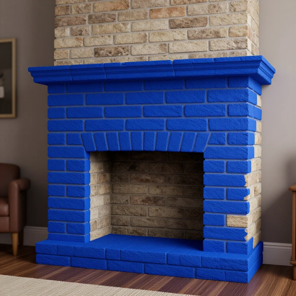 A striking comparison of a freshly painted royal blue brick fireplace against a dull, unpainted one, set in a cozy living room.