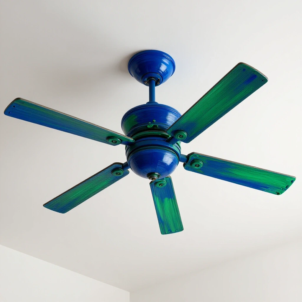 Close-up of a vibrant painted ceiling fan with dynamic paint splatters against a bright background, showcasing a creative transformation.