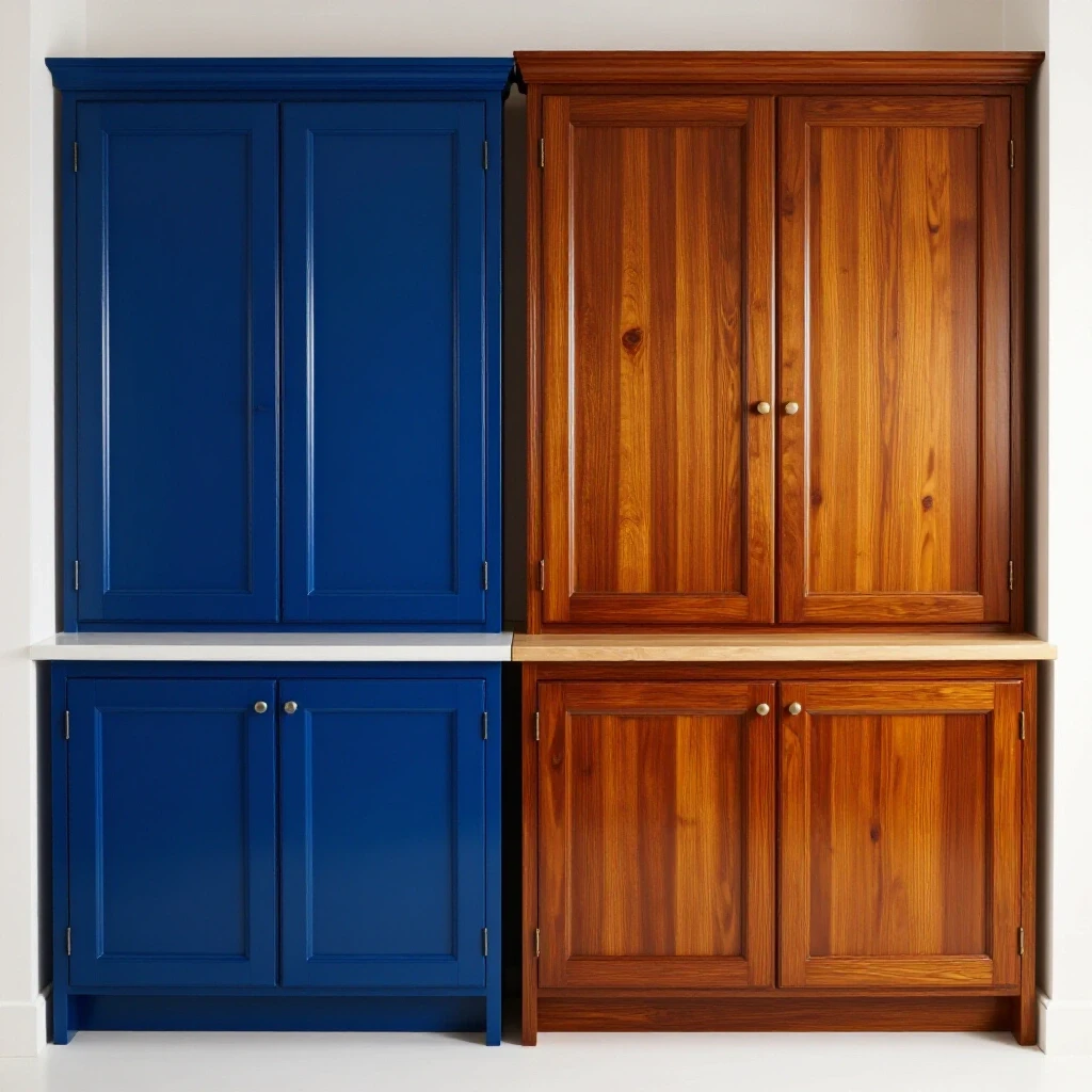 A comparison of vibrant painted cabinets in royal blue and warm stained cabinets in amber, showcasing contrasting styles and textures.