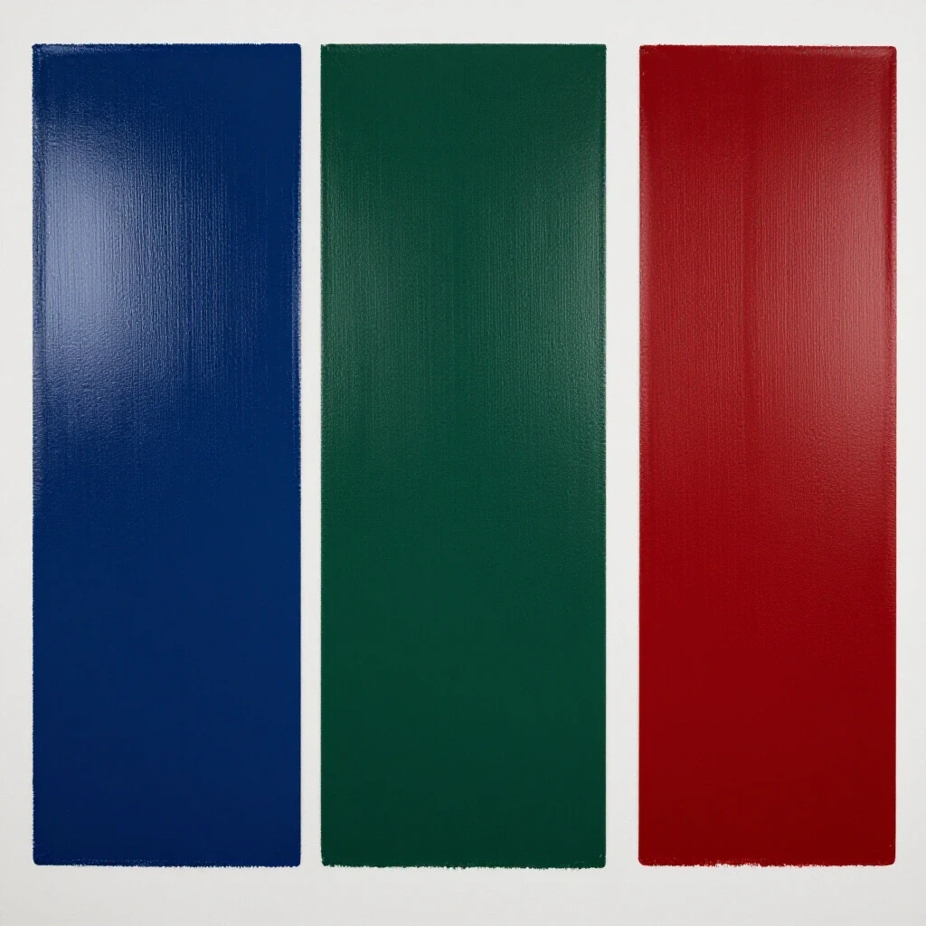 A wall sectioned into glossy, satin, and matte paint finishes, showcasing rich colors and lighting contrasts.