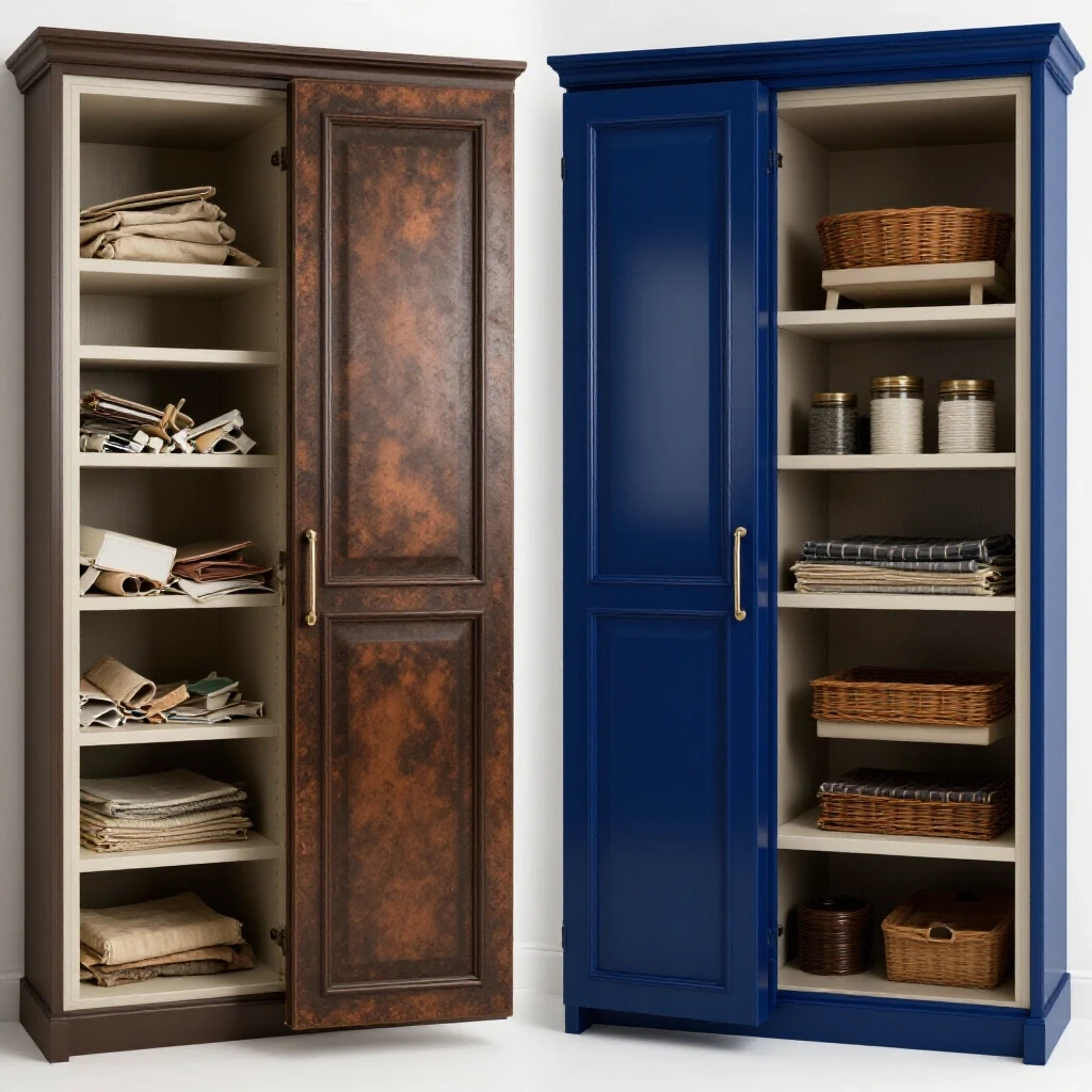 A striking before-and-after image of a pantry door transformation, showcasing clutter on one side and a modern design on the other.
