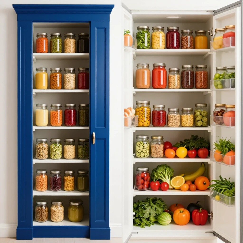 Split image of a styled closed pantry door alongside an open pantry filled with colorful jars and fresh ingredients.