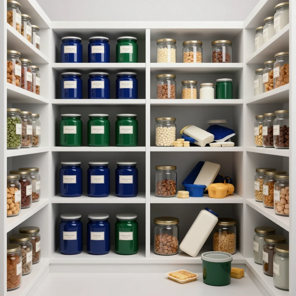 A 3D-rendered image of an organized pantry with stylish labeled jars next to a chaotic pantry area, showcasing transformation.