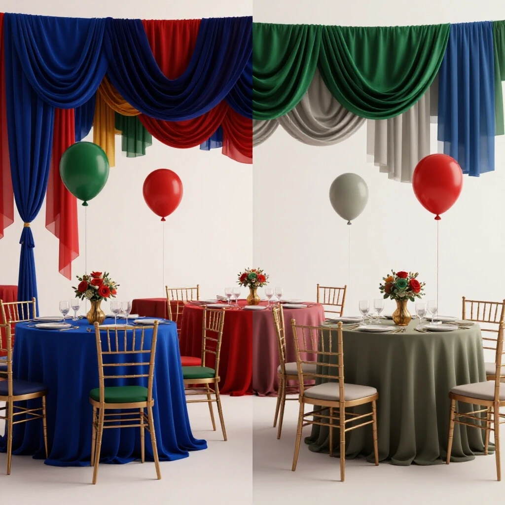 A split party decor scene illustrating extravagant decorations on one side and budget-friendly decor on the other side, highlighting cost differences.