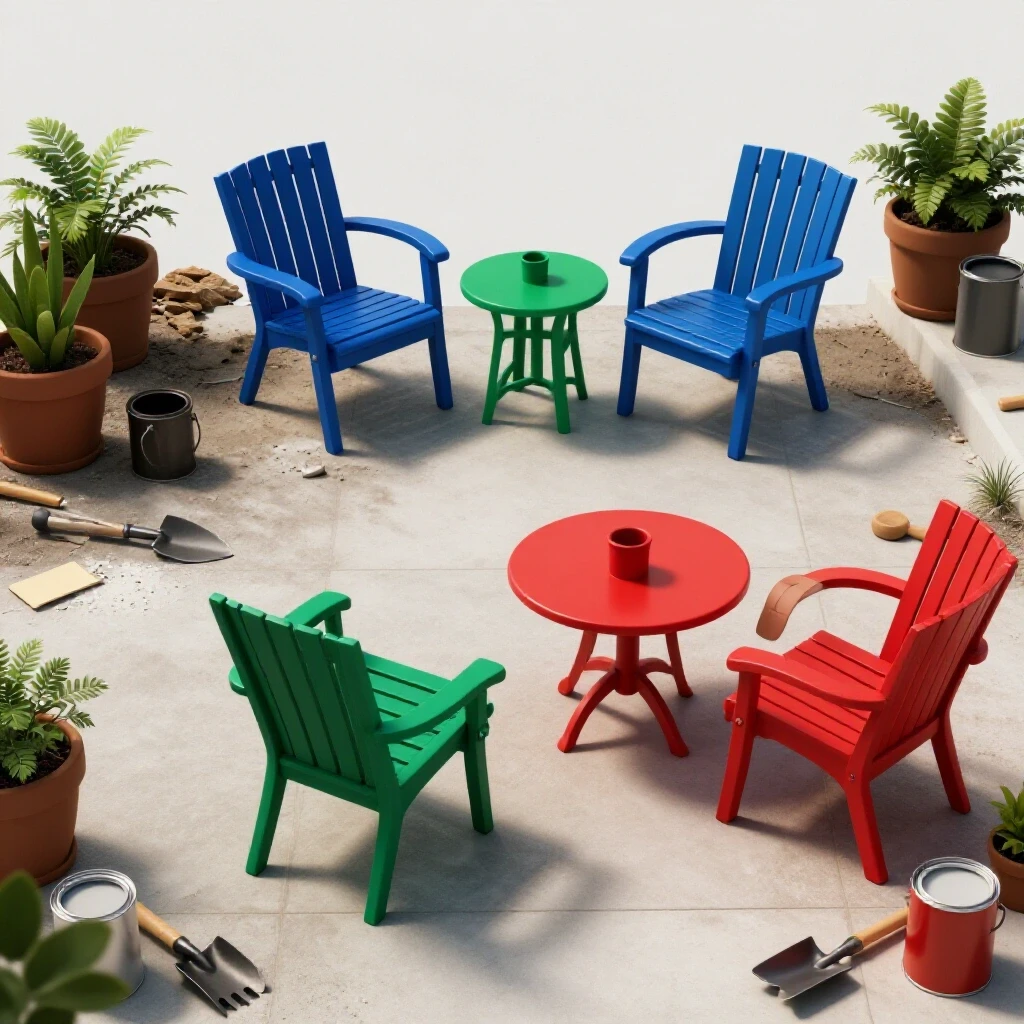A striking before-and-after view of a renovated patio showcasing vibrant colors and tools, evoking a sense of transformation.