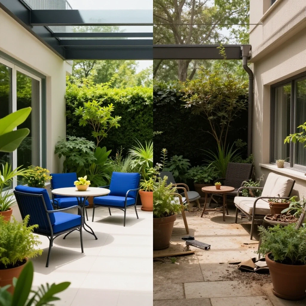A comparison of a beautifully renovated patio with lush greenery on one side and a cluttered outdoor space on the other, highlighting renovation mistakes.