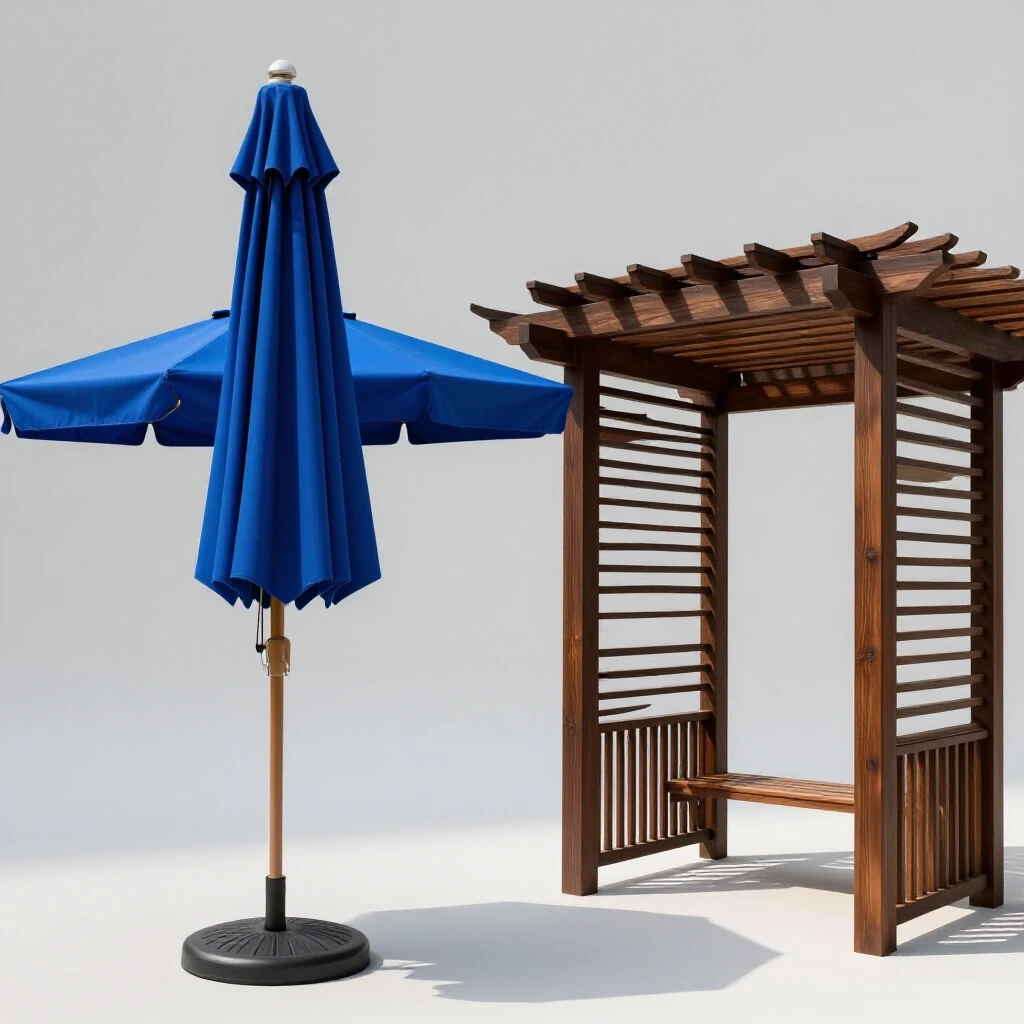 A vibrant patio umbrella in royal blue alongside a modern wooden pergola, set against a clean white background, illustrating outdoor shade options.
