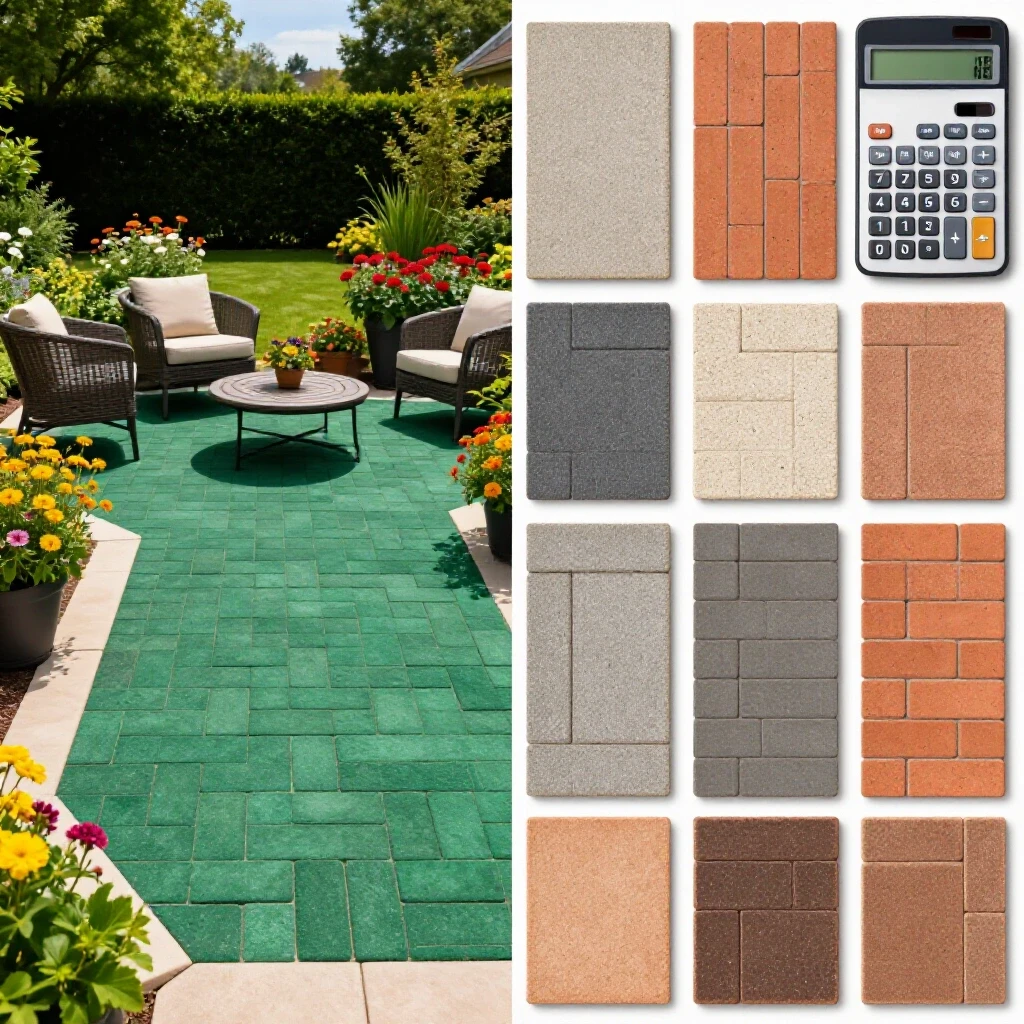 A visually appealing split-screen image featuring a vibrant paver patio with flowers on one side and various paver samples with a calculator on the other, showcasing beauty vs cost.