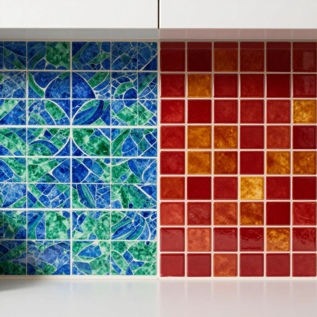 Split image comparing a vibrant peel-and-stick backsplash with a glossy finish to a traditional textured tile backsplash, both in rich colors.
