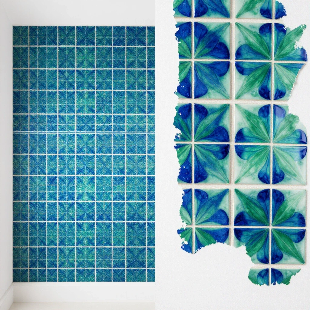 A vibrant split-image showing a transformed space with rich peel-and-stick tiles and a close-up of the tiles being removed.