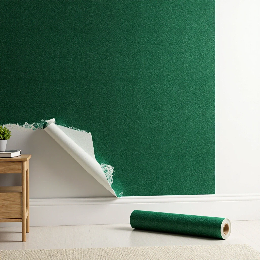Partially applied green peel-and-stick wallpaper on a wall with a vibrant wallpaper roll beside a cozy room.