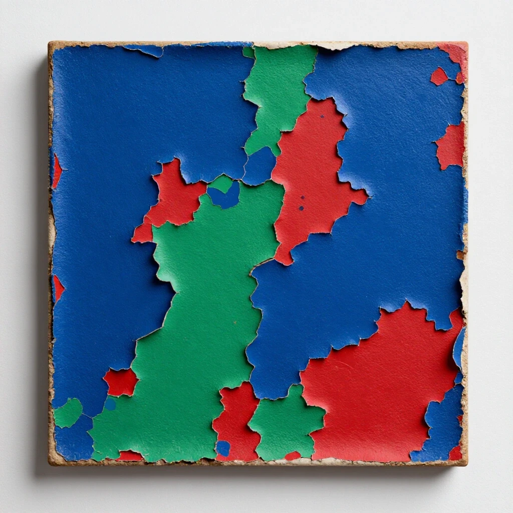Close-up view of a textured wall with vibrant peeling paint, showcasing colorful layers underneath in rich hues.