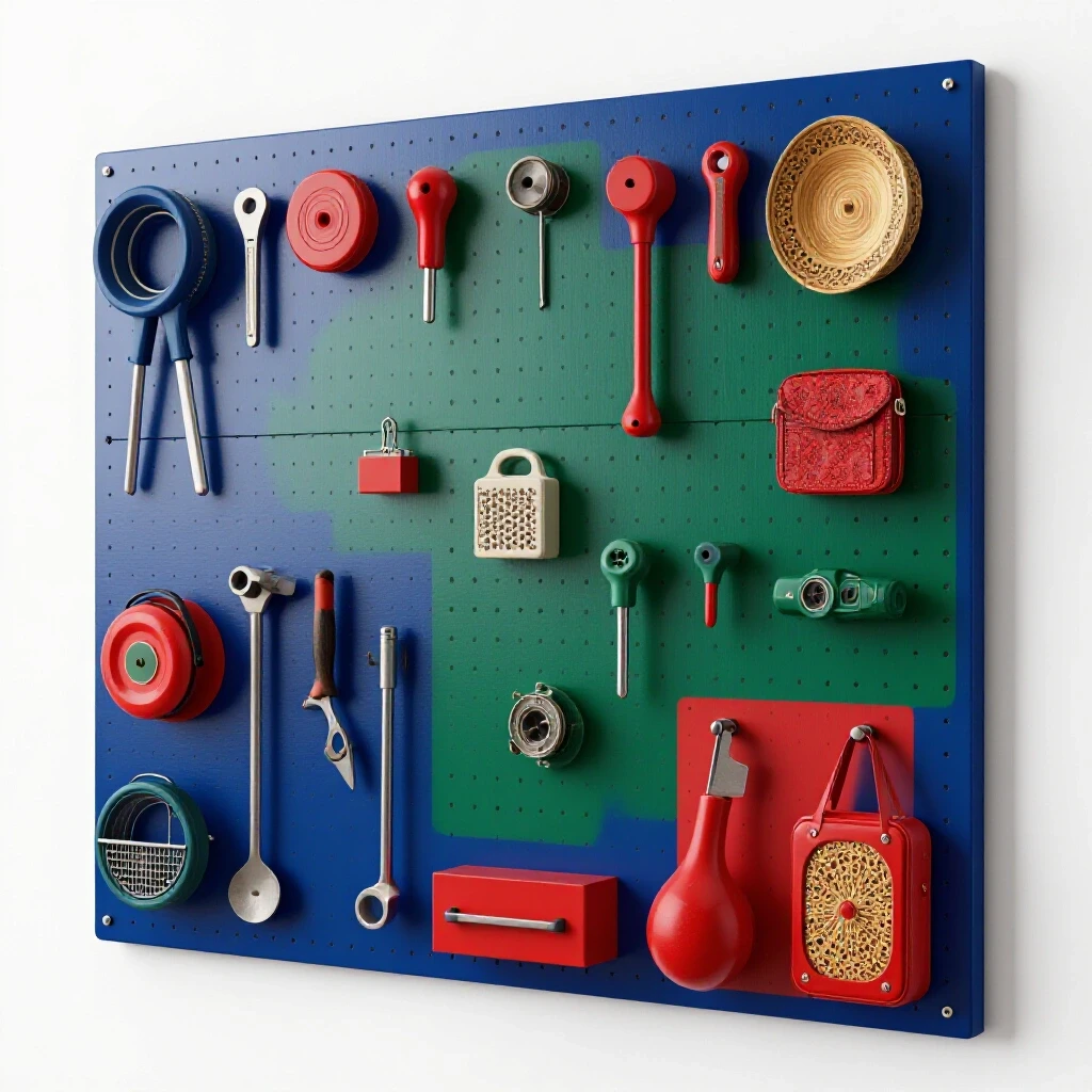 Colorful pegboard filled with organized tools and decorative items in a bright studio background.