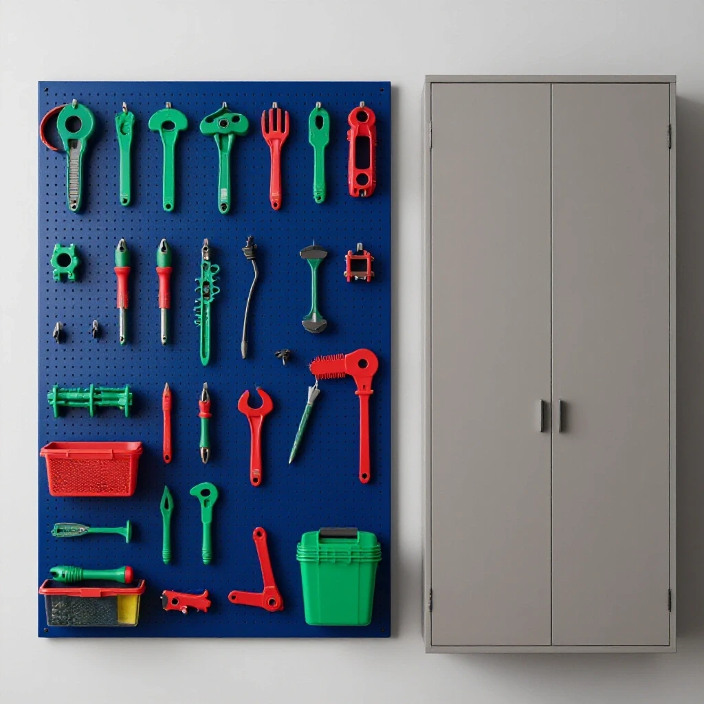 A split-image showing a vibrant pegboard filled with colorful DIY tools on one side and a sleek closed cabinet on the other, set against a bright background.