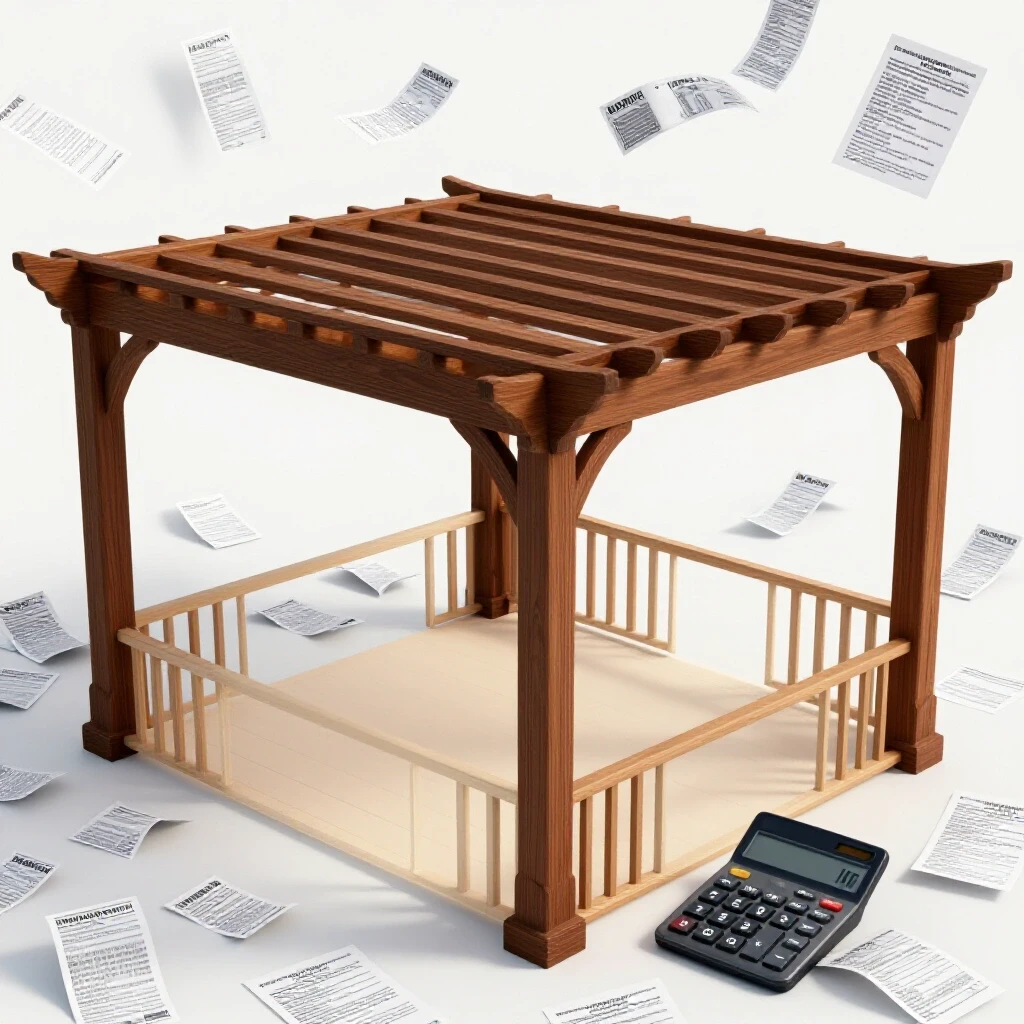 A beautifully constructed wooden pergola surrounded by scattered budget-related items like receipts and a calculator.