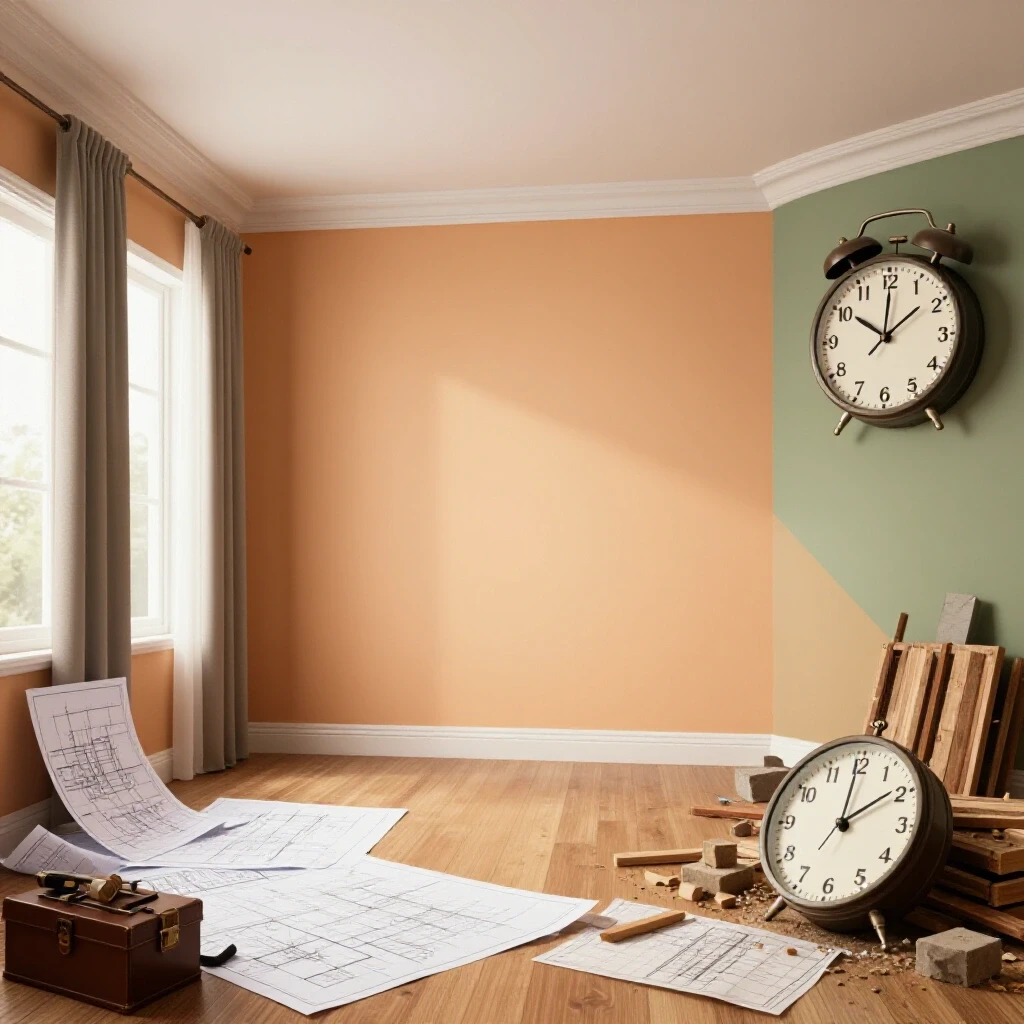 A beautifully renovated room contrasted with a chaotic construction area, showcasing the tension of renovation delays.