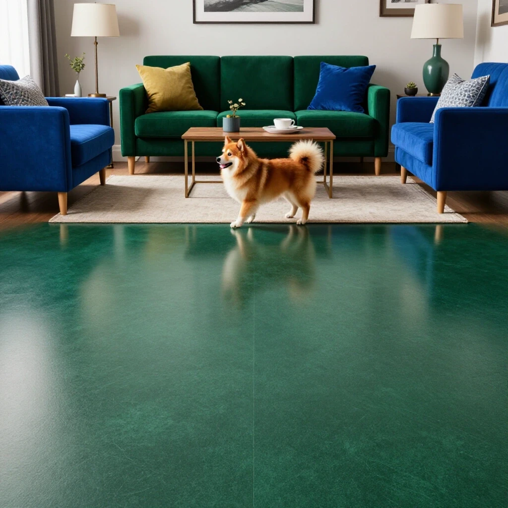 A vibrant living space showcasing scratch-resistant flooring with a playful pet interacting with stylish decor.