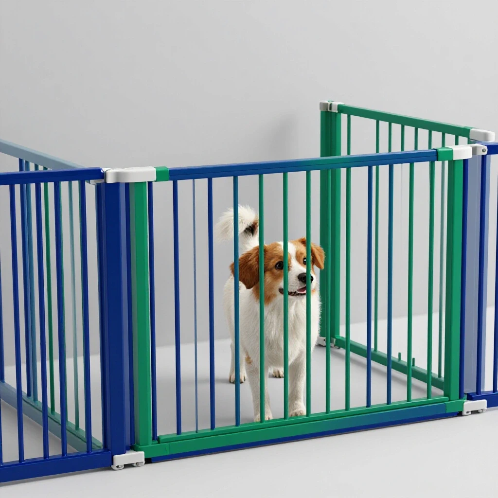 Stylish pet gate in a cozy home setting with a pet peeking through, emphasizing durability and design.