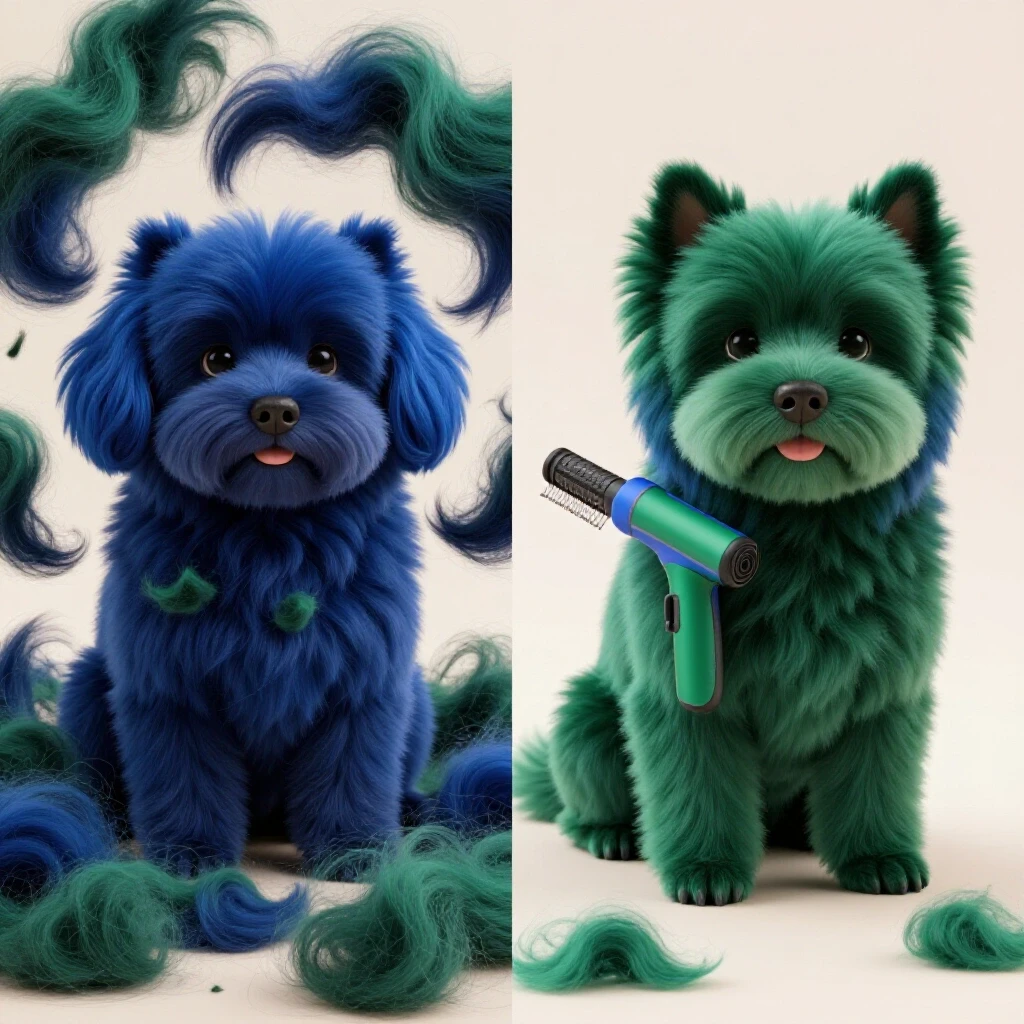 A split scene showcasing a fluffy pet surrounded by shed hair on one side, and the same pet sleek and tidy after grooming on the other side.