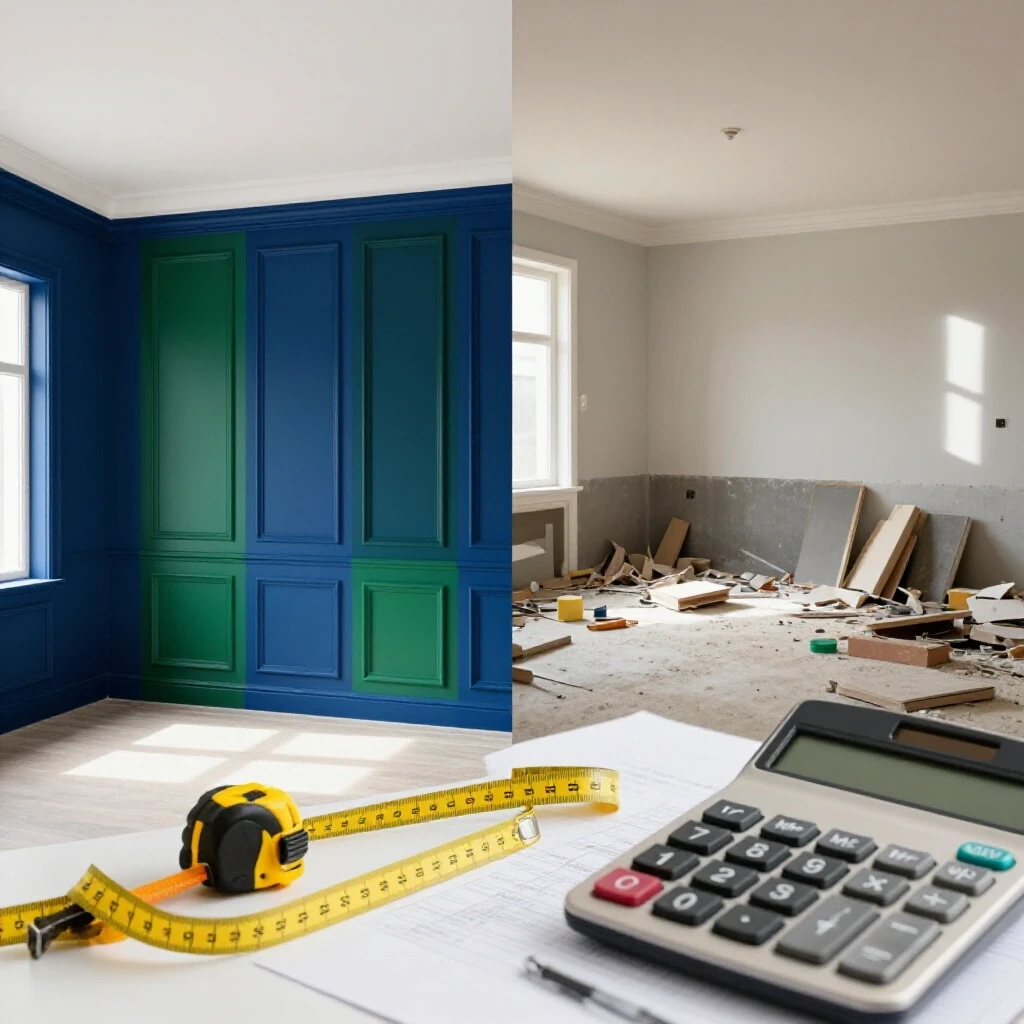 A split-image showing a renovated room on the left and a cluttered space on the right, featuring colors of blue and green.