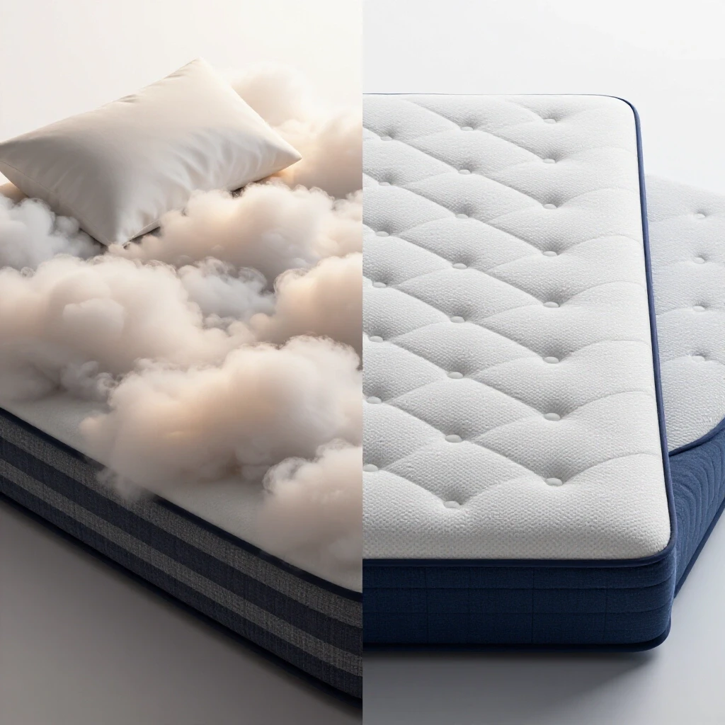 A split-screen comparison of a plush pillow top mattress and a firm mattress, highlighting comfort versus support.