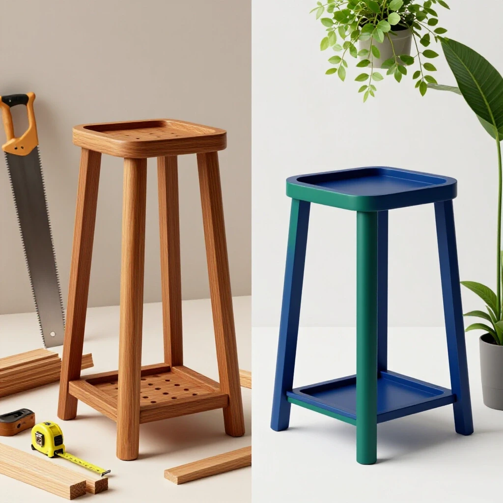 A comparison of a handmade wooden plant stand with tools alongside a modern store-bought plant stand, highlighting costs.