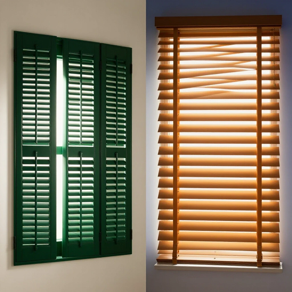 Comparison of plantation shutters and modern blinds, highlighting light filtering patterns and design styles.