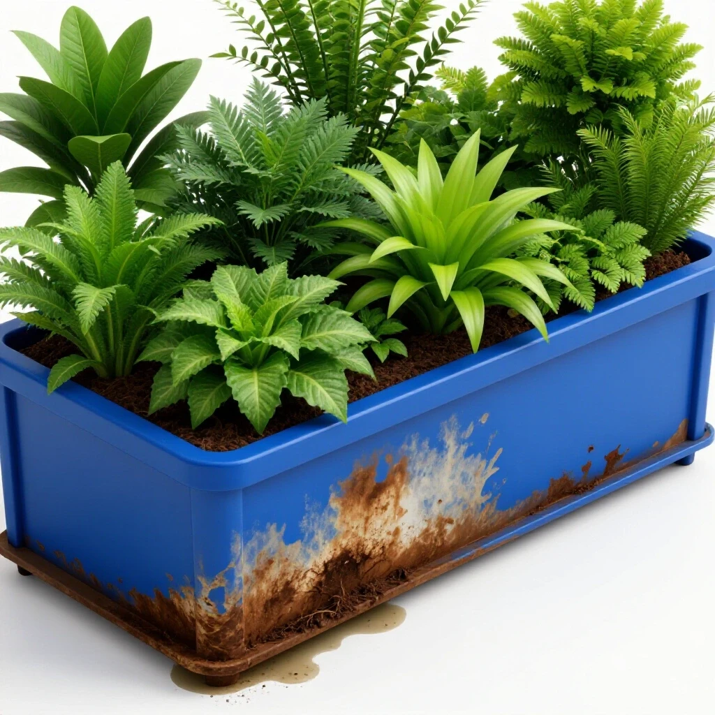 A vibrant planter box filled with healthy plants beside a decayed planter box showing signs of rot and water pooling.