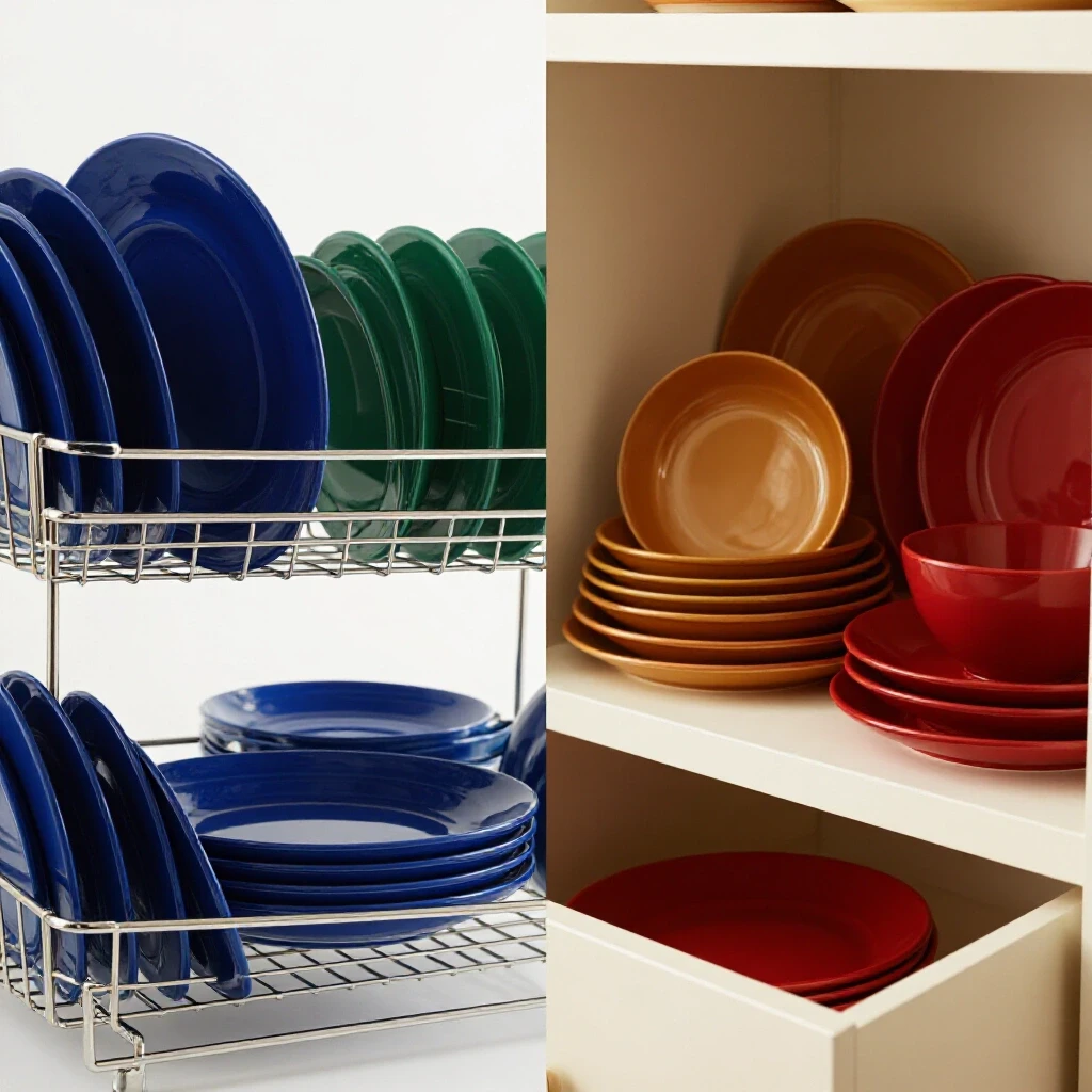 A split image comparing a vibrant plate rack and a stylish cabinet stack showcasing rich dishware colors.