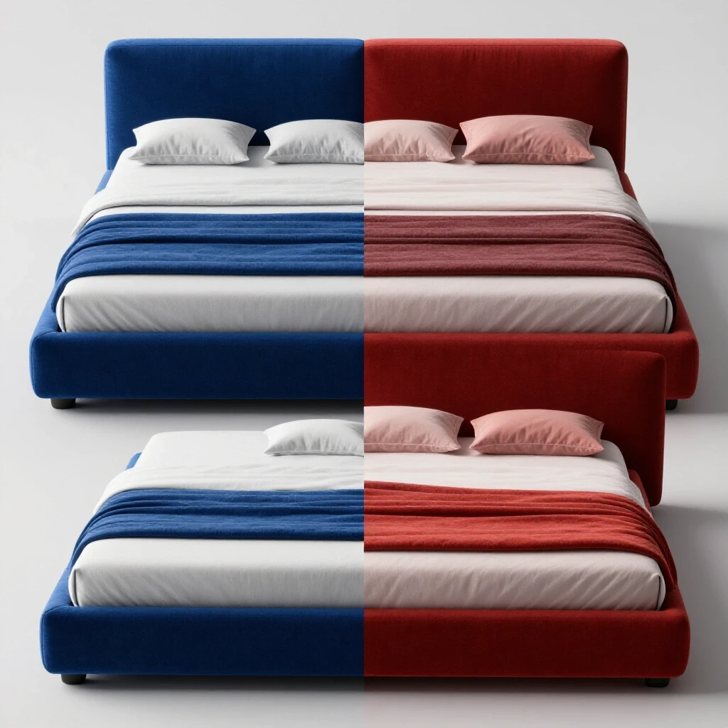 A visually striking comparison of a modern platform bed and a traditional box spring bed, showcasing contrasting colors and textures for comfort.