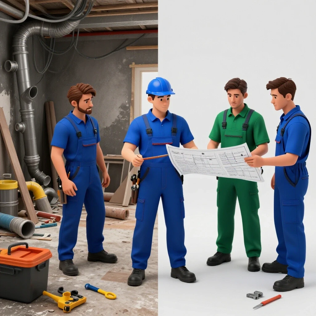 A split scene showing a chaotic renovation with tangled pipes and an organized team of plumbers collaborating on blueprints.