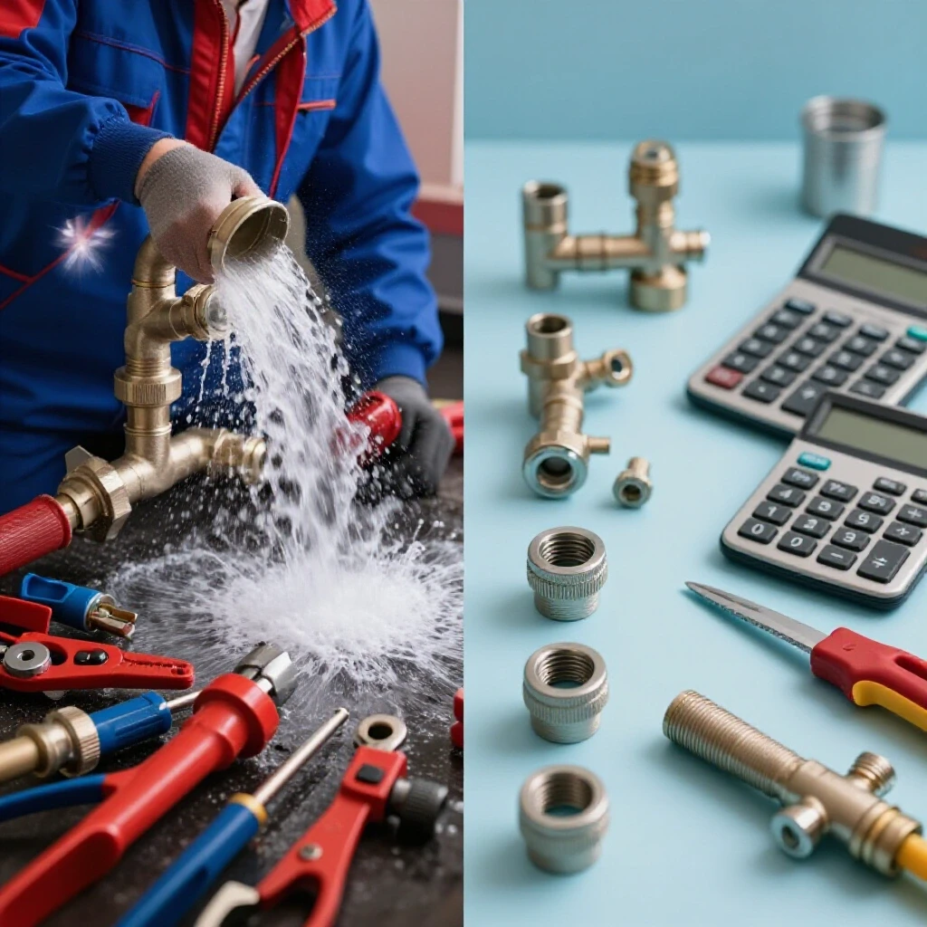 A split scene showing a plumbing emergency with overflowing water on one side and an organized workspace with plumbing parts on the other.