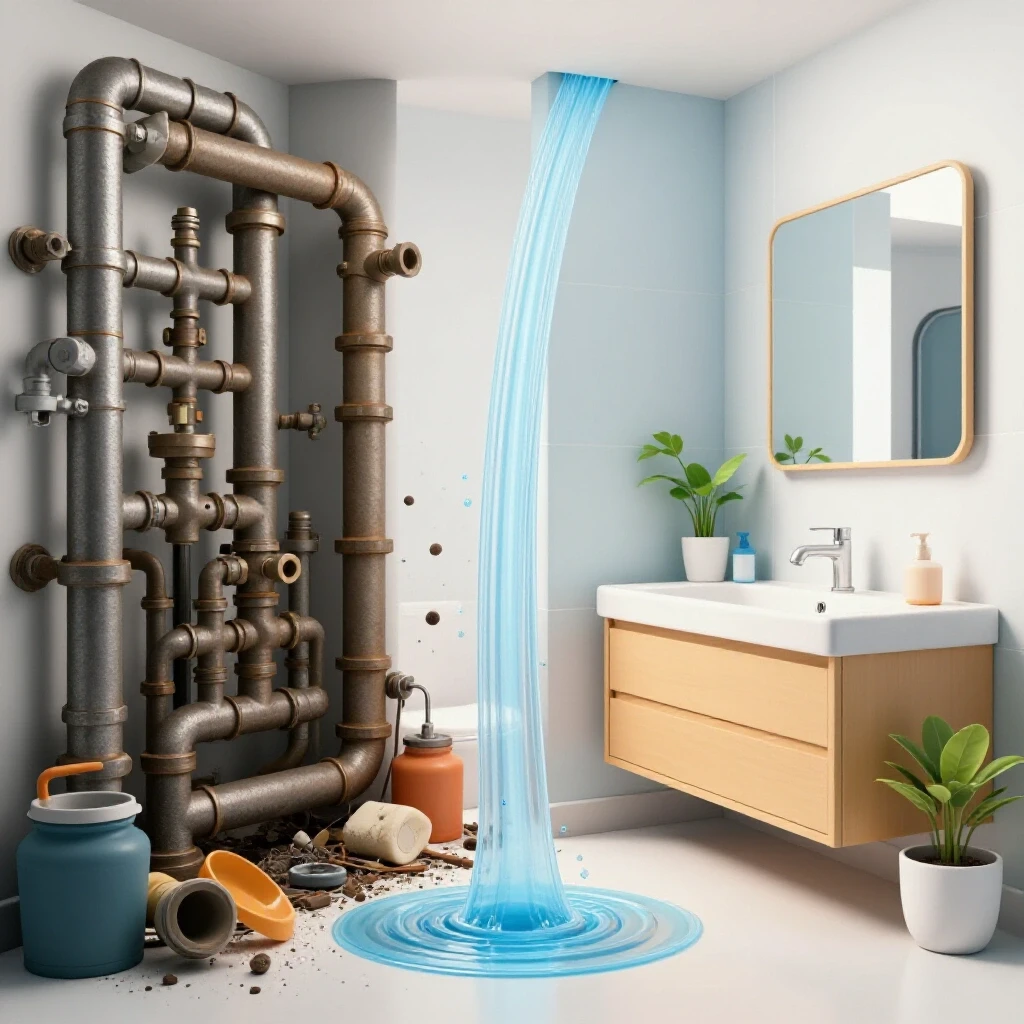 A vibrant contrast of a chaotic plumbing scene transitioning to a beautifully renovated bathroom, showcasing transformation.