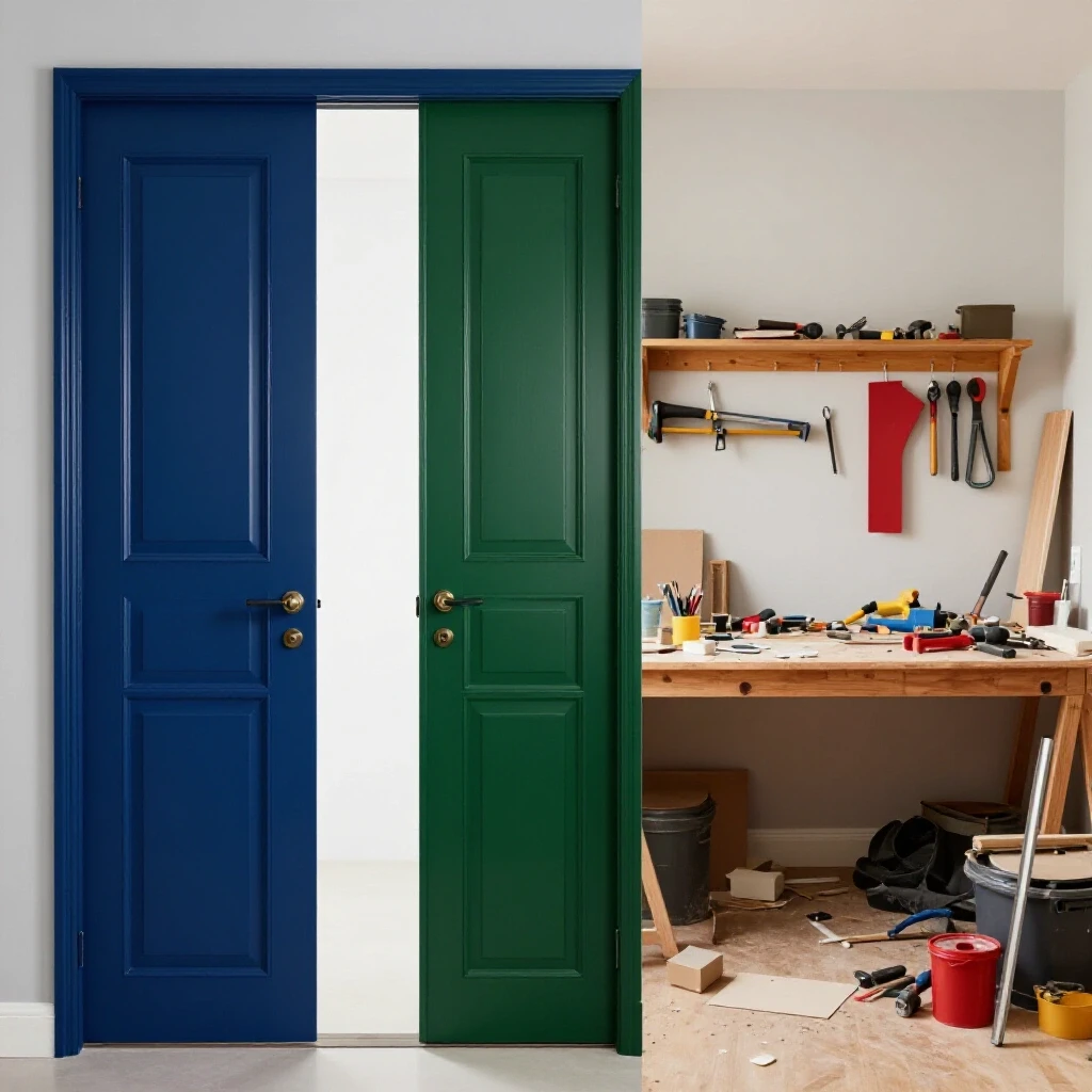 A split-image showing an elegant pocket door installation contrasted with a cluttered DIY workspace, highlighting the cost breakdown process.